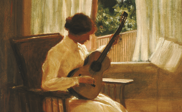 An oil painting of a woman in a Victorian dress holding a guitar.