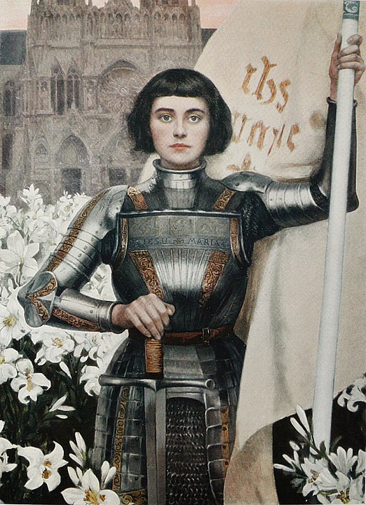 Illustration of a woman with short dark hair dressed in medieval armor. She is standing in a field of white flowers holding a banner and a sword. 
