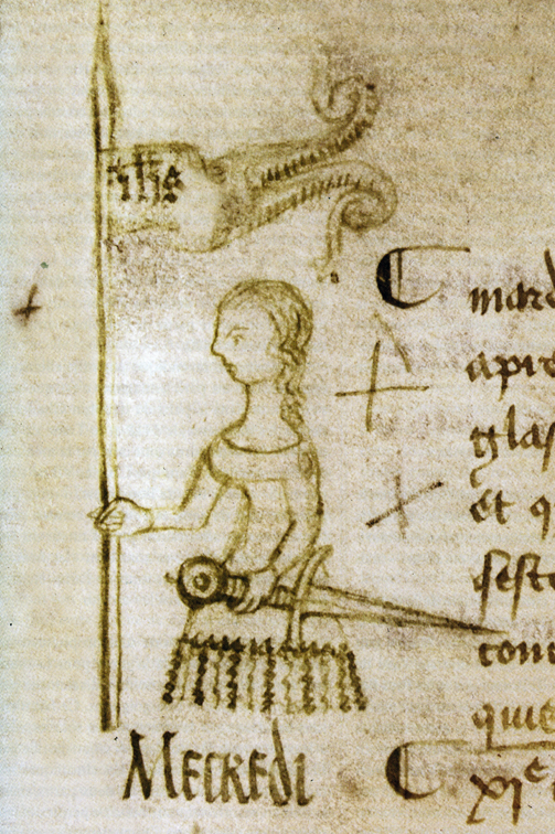 Line drawing of a woman holding a banner and a sword.