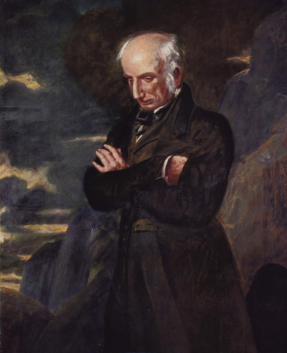 An oil painting of a man with white receding hair and dark clothes. He is is crossing his arms in front of him while looking down. Through the dark clouds in the background a golden sunset is seen. 