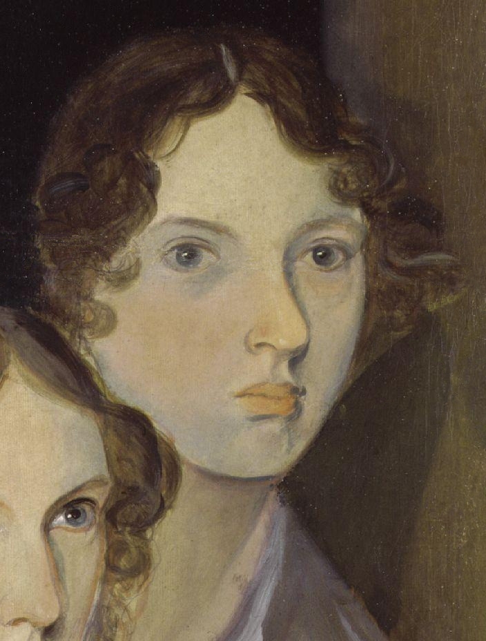 Vintage oil painting of a woman’s face. Brown curls frames her face and a grey scarf is seen on her left shoulder. 